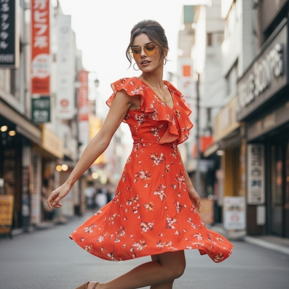 Emma & Michele Dresses & Skirts - Emma & Michele Orange Floral Dress Size 8